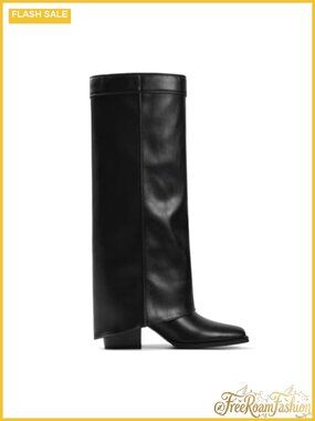 Knee High Boots Women Fold Over Square Toe Chunky Heel Wide Calf